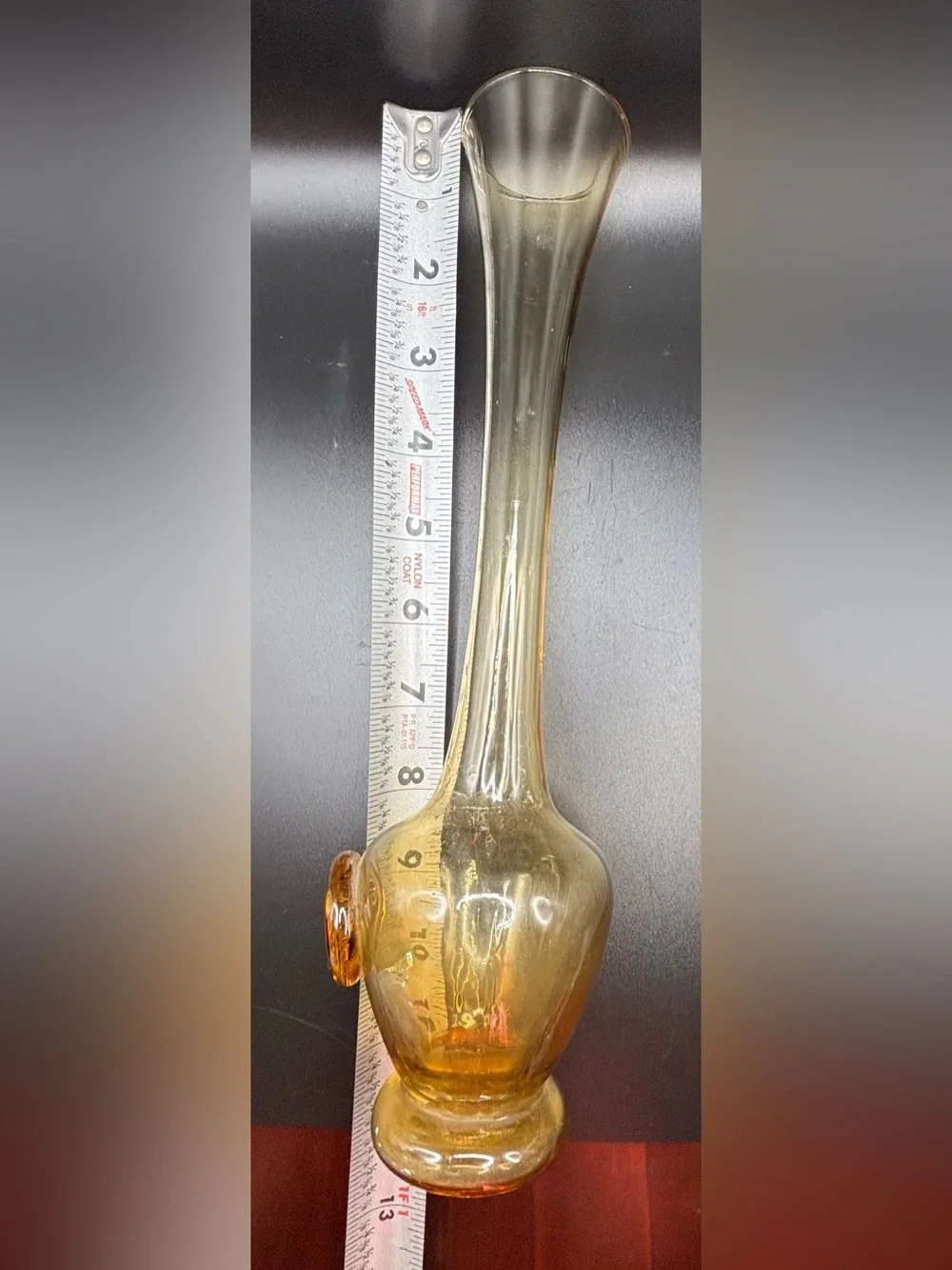 Vintage Amber Glass Bud Vase Applied Grape Seal Medallion MCM 13” Solifleur